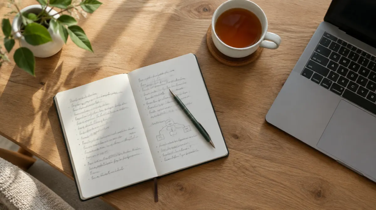 A notebook, a cup of tea and a laptop on a wooden table